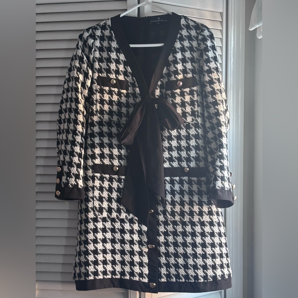 Tuckernuck Pomander Place Coco Tweed Bow Dress Houndstooth Black White Size S